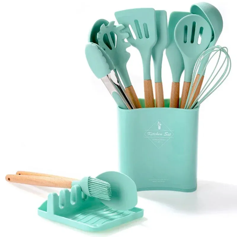 12 / 13 Piece Non Stick Silicone Kitchen Utensils With Wood Handles & Storage Bucket