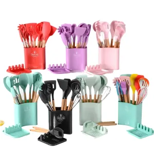 12 / 13 Piece Non Stick Silicone Kitchen Utensils With Wood Handles & Storage Bucket