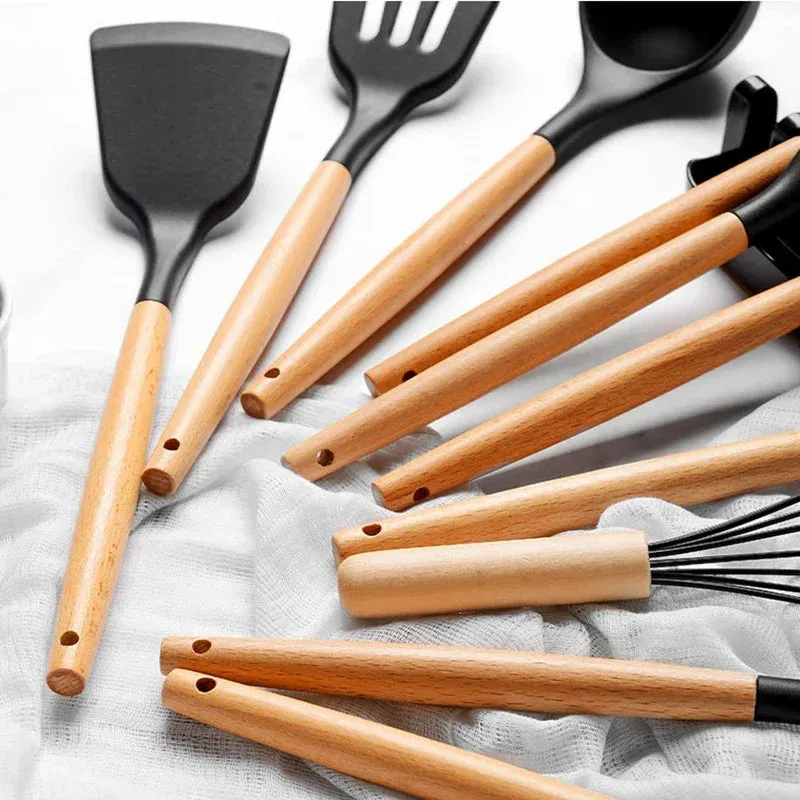 12 / 13 Piece Non Stick Silicone Kitchen Utensils With Wood Handles & Storage Bucket