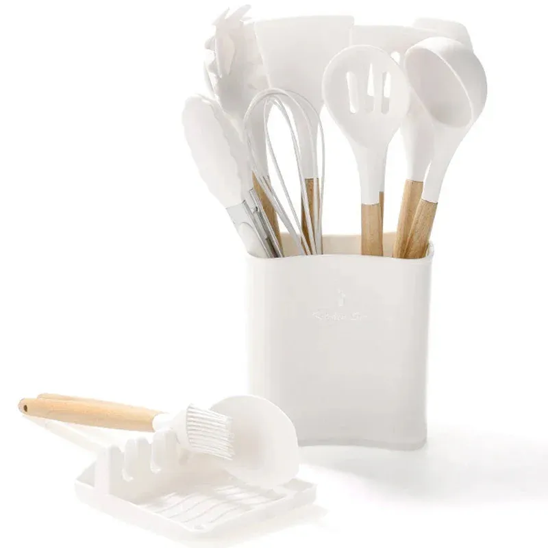 12 / 13 Piece Non Stick Silicone Kitchen Utensils With Wood Handles & Storage Bucket