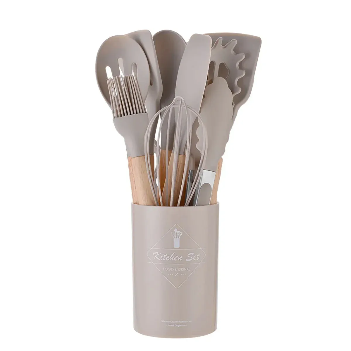 12 / 13 Piece Non Stick Silicone Kitchen Utensils With Wood Handles & Storage Bucket
