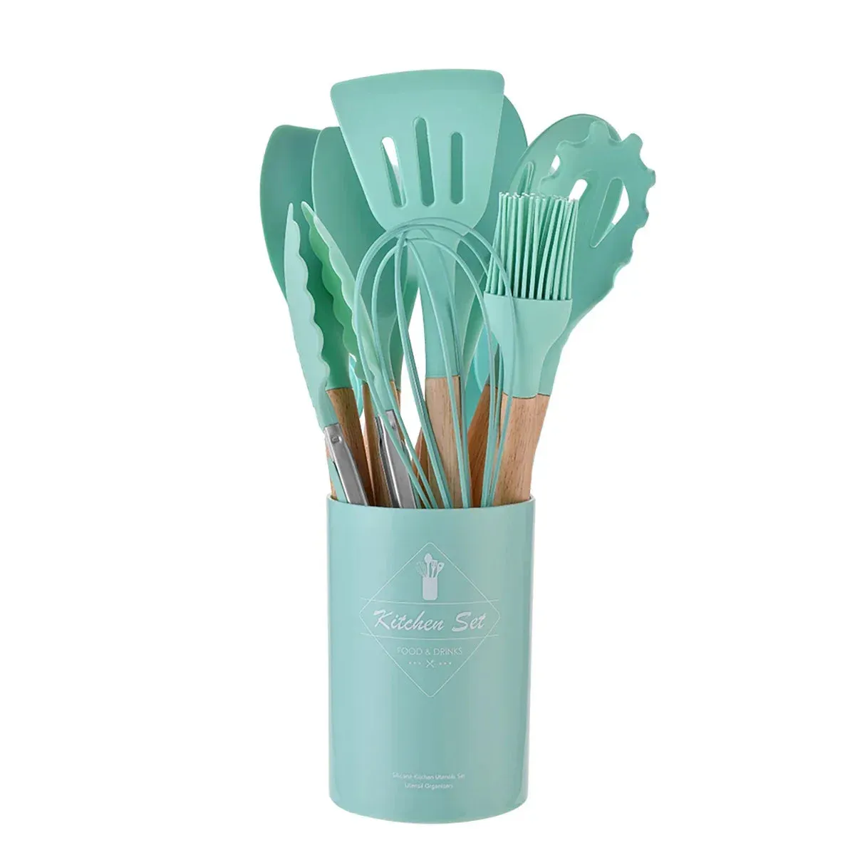 12 / 13 Piece Non Stick Silicone Kitchen Utensils With Wood Handles & Storage Bucket