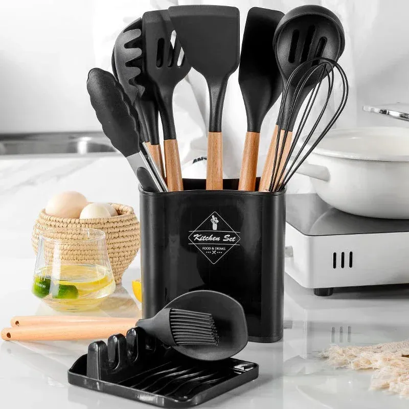 12 / 13 Piece Non Stick Silicone Kitchen Utensils With Wood Handles & Storage Bucket