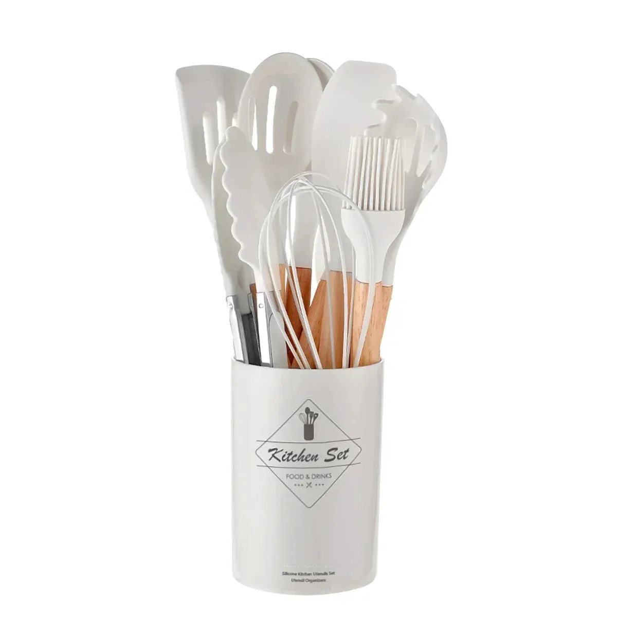 12 / 13 Piece Non Stick Silicone Kitchen Utensils With Wood Handles & Storage Bucket
