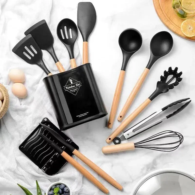12 / 13 Piece Non Stick Silicone Kitchen Utensils With Wood Handles & Storage Bucket