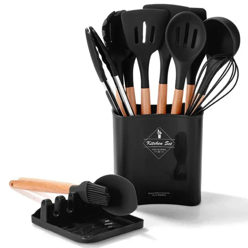 12 / 13 Piece Non Stick Silicone Kitchen Utensils With Wood Handles & Storage Bucket
