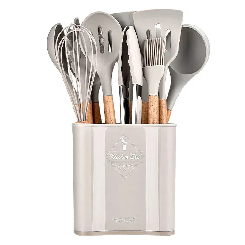 12 / 13 Piece Non Stick Silicone Kitchen Utensils With Wood Handles & Storage Bucket