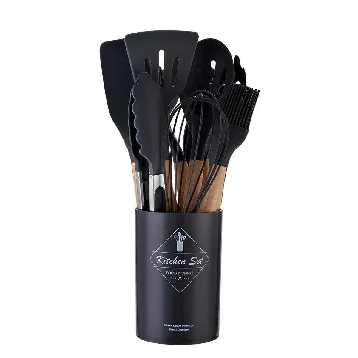 12 / 13 Piece Non Stick Silicone Kitchen Utensils With Wood Handles & Storage Bucket