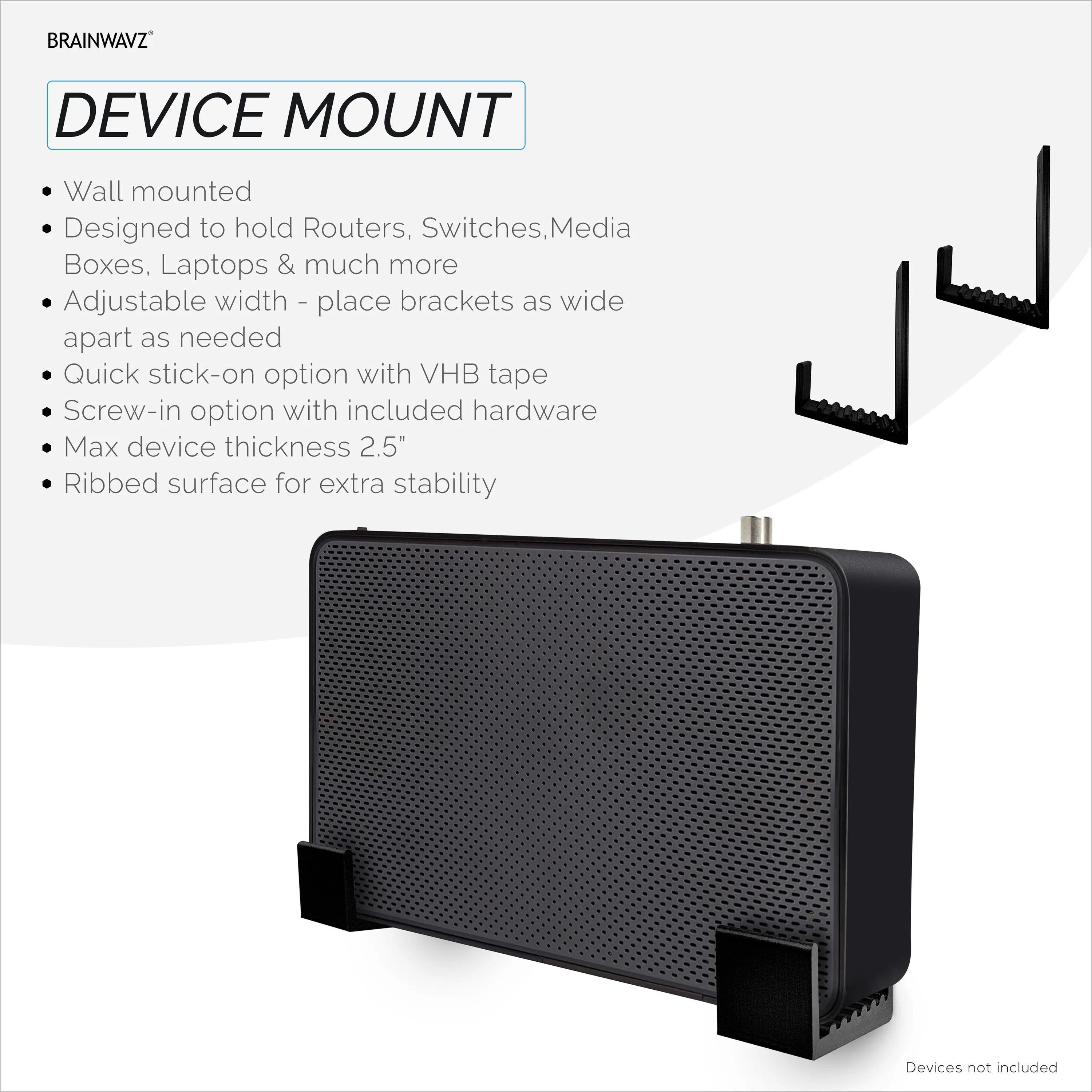 2.5" Cable Box Wall Mount Hanger Holder, Adhesive & Screw-In, for Routers, Laptops, Modem, Mesh Wifi, Apple TV, Network Switch & More