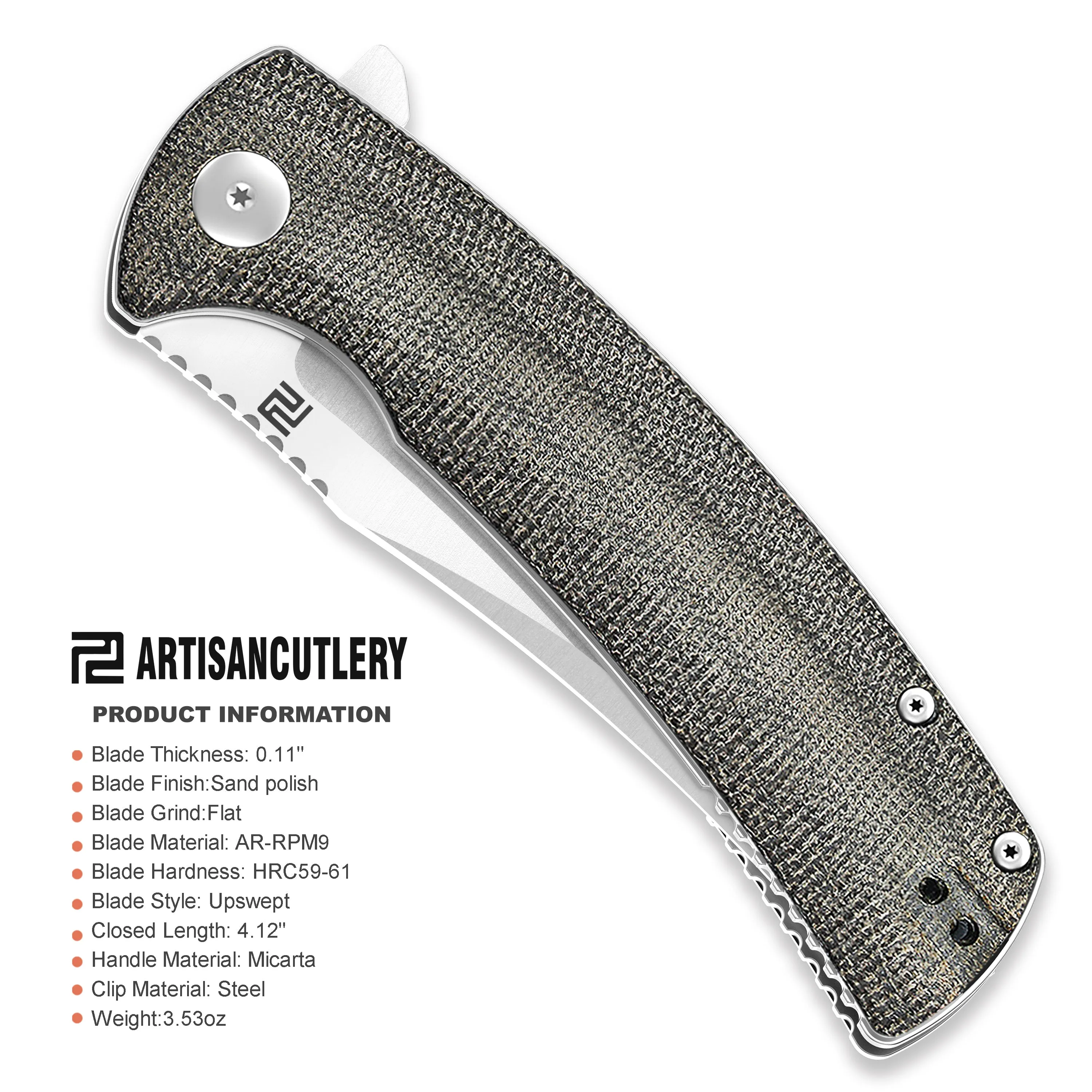 Artisan Cutlery Arroyo ATZ-1845P AR-RPM9 Steel Blade Micarta Handle Folding Knives