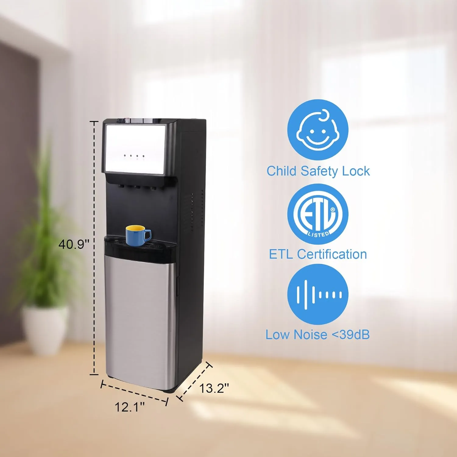 E-Macht 5 Gallon Bottom Loading Cold & Hot Water Cooler Dispenser with 3 Temperature Settings, Stainless Steel