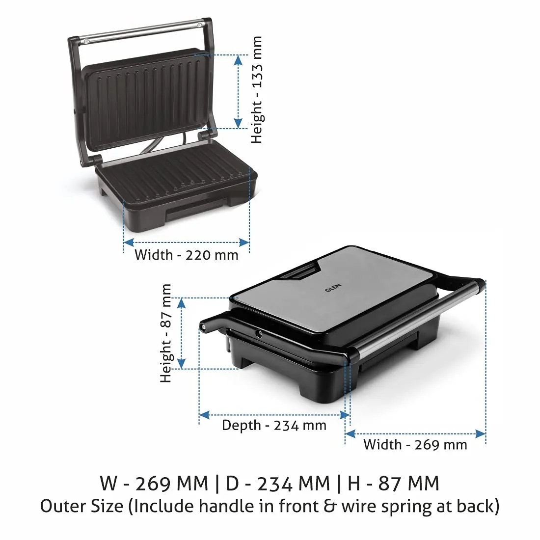 Glen SA 3029 Press Grill Maker 830W With Non Stick Coated Grill Plate & Oil Collector Tray  2 Years Warranty, Black