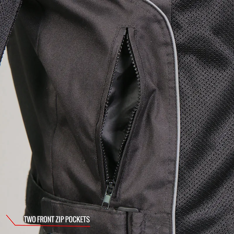 Hot Leathers JKM1025 Mens Black Armored  Nylon Mesh Jacket with Reflective Piping and Concealed Carry Pocket