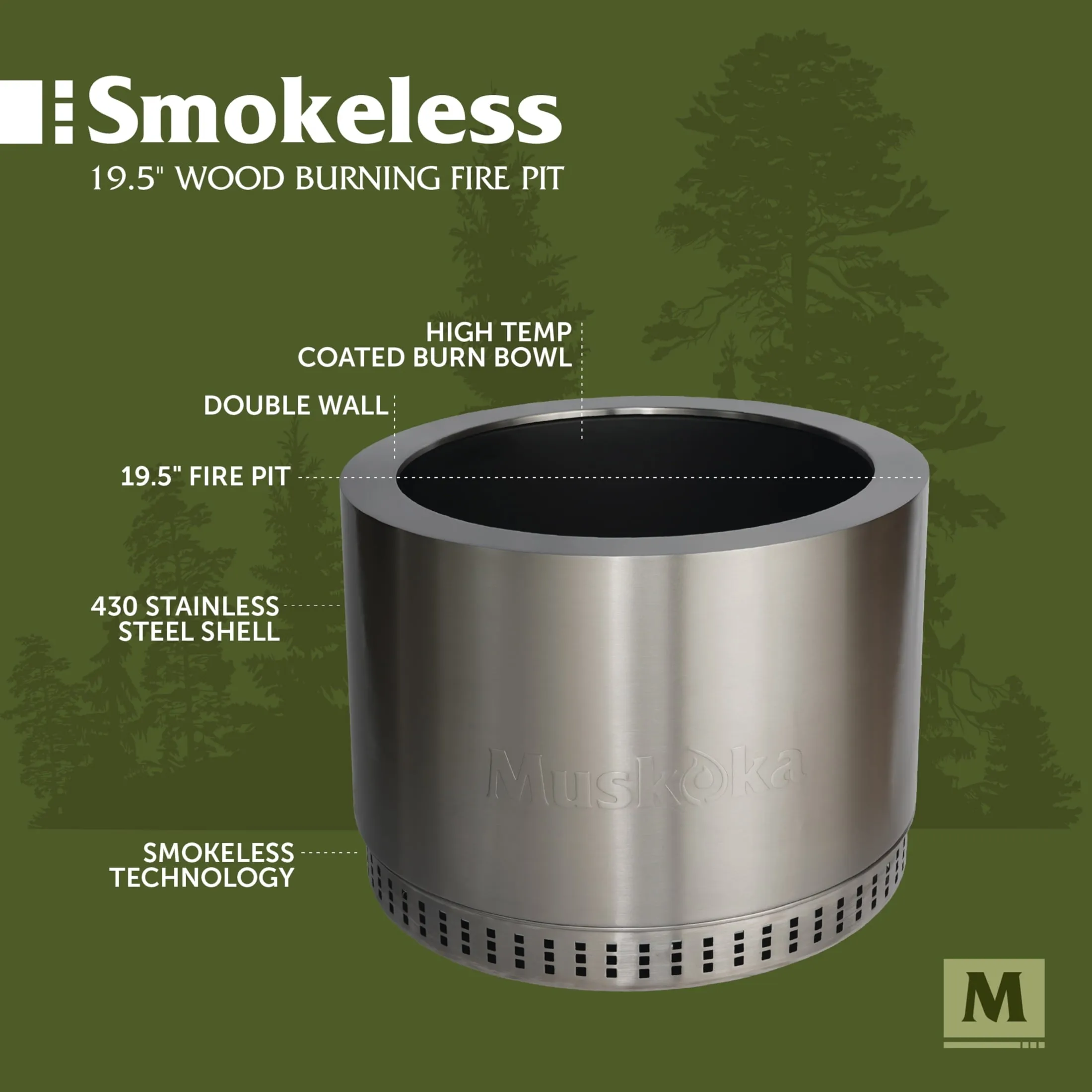 Muskoka 19.5" Stainless Steel Smokeless Wood Burning Fire Pit with Protective Cover