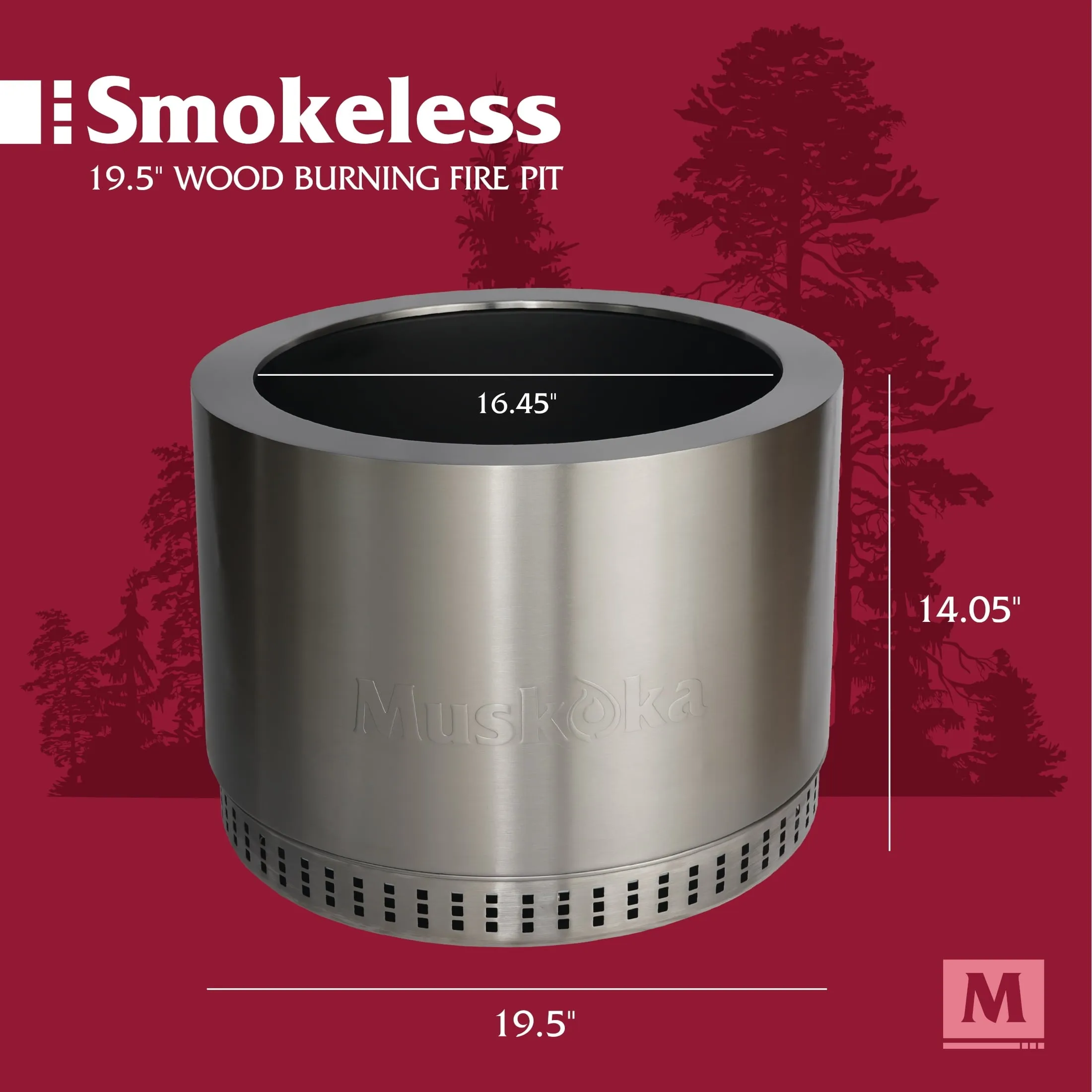 Muskoka 19.5" Stainless Steel Smokeless Wood Burning Fire Pit with Protective Cover