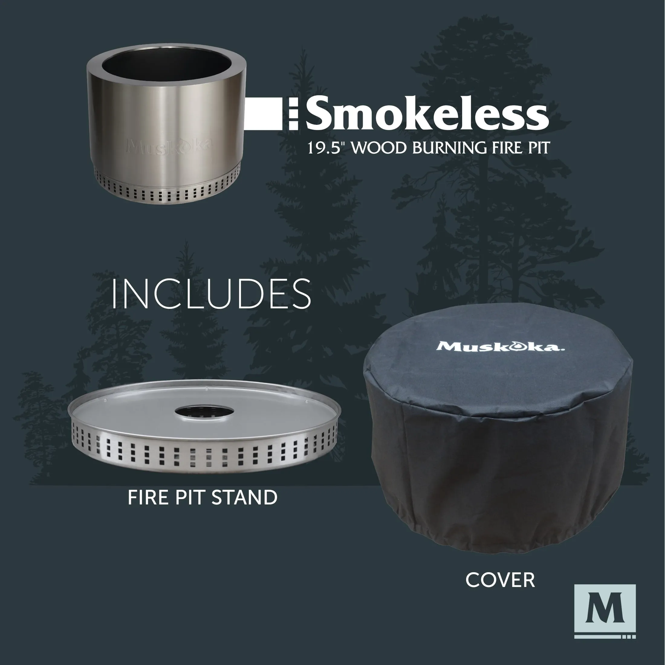 Muskoka 19.5" Stainless Steel Smokeless Wood Burning Fire Pit with Protective Cover