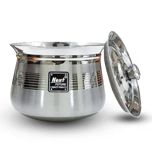 Next Future-1500Ml,Heavy Gauge Dahi/Curd/Milk Pot Stainless Steel Handi Utensils,Highly Polished Cookware&Serveware Handi For Kitchen With Lid&Knob (Royal Matte,Madras Handi),400 Milliliter