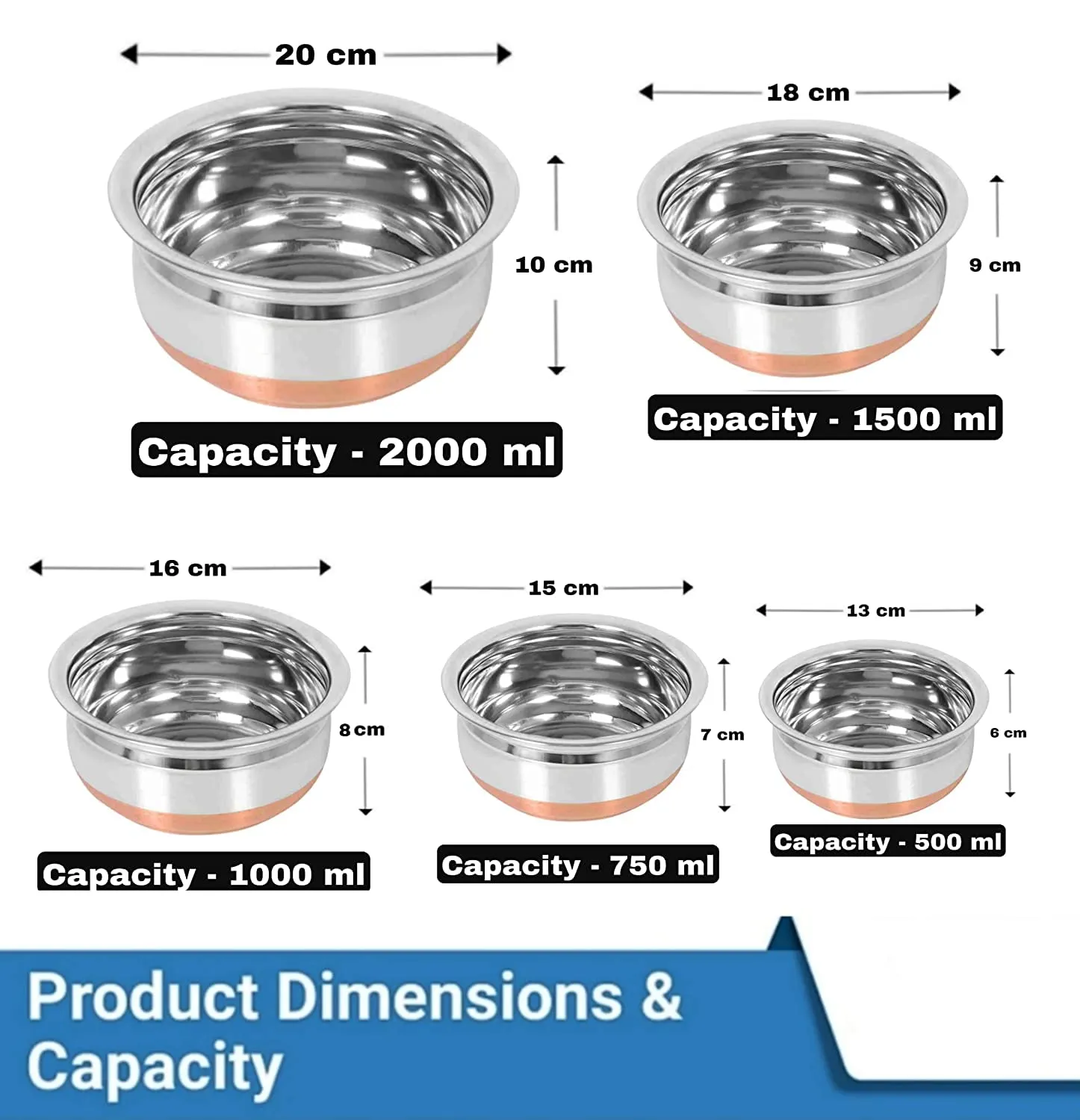 Nirvika Stainless Steel Handi with Lid Kitchen Serving, Cooking Bowl | Steel Handi Set | Cookware Set | Handi Set 5-Pieces|Biryani 0.500 L, 0.750 L, 1.000 L, 1.500 L, 1.200 L