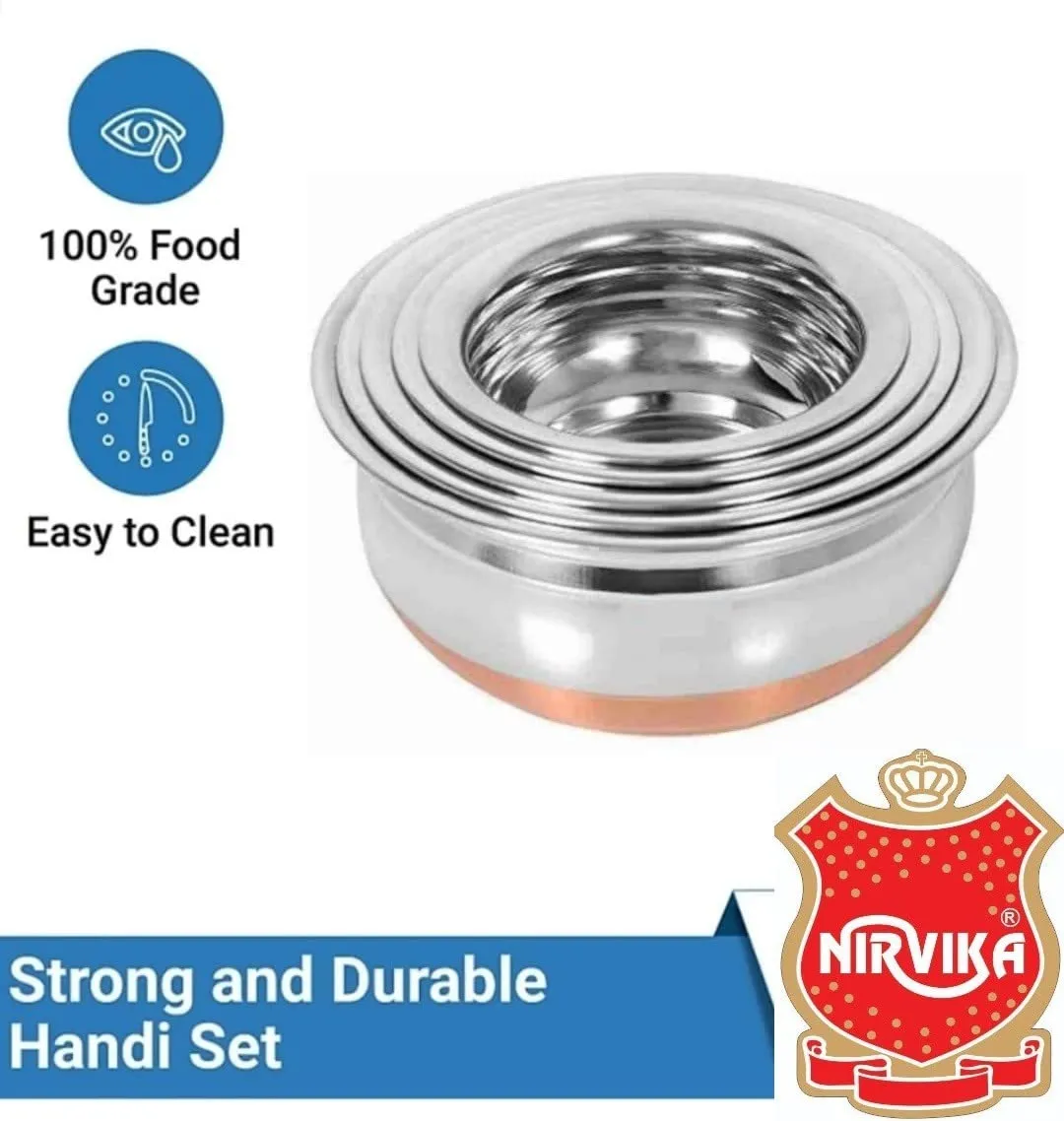 Nirvika Stainless Steel Handi with Lid Kitchen Serving, Cooking Bowl | Steel Handi Set | Cookware Set | Handi Set 5-Pieces|Biryani 0.500 L, 0.750 L, 1.000 L, 1.500 L, 1.200 L