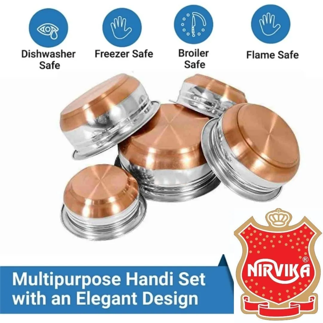 Nirvika Stainless Steel Handi with Lid Kitchen Serving, Cooking Bowl | Steel Handi Set | Cookware Set | Handi Set 5-Pieces|Biryani 0.500 L, 0.750 L, 1.000 L, 1.500 L, 1.200 L