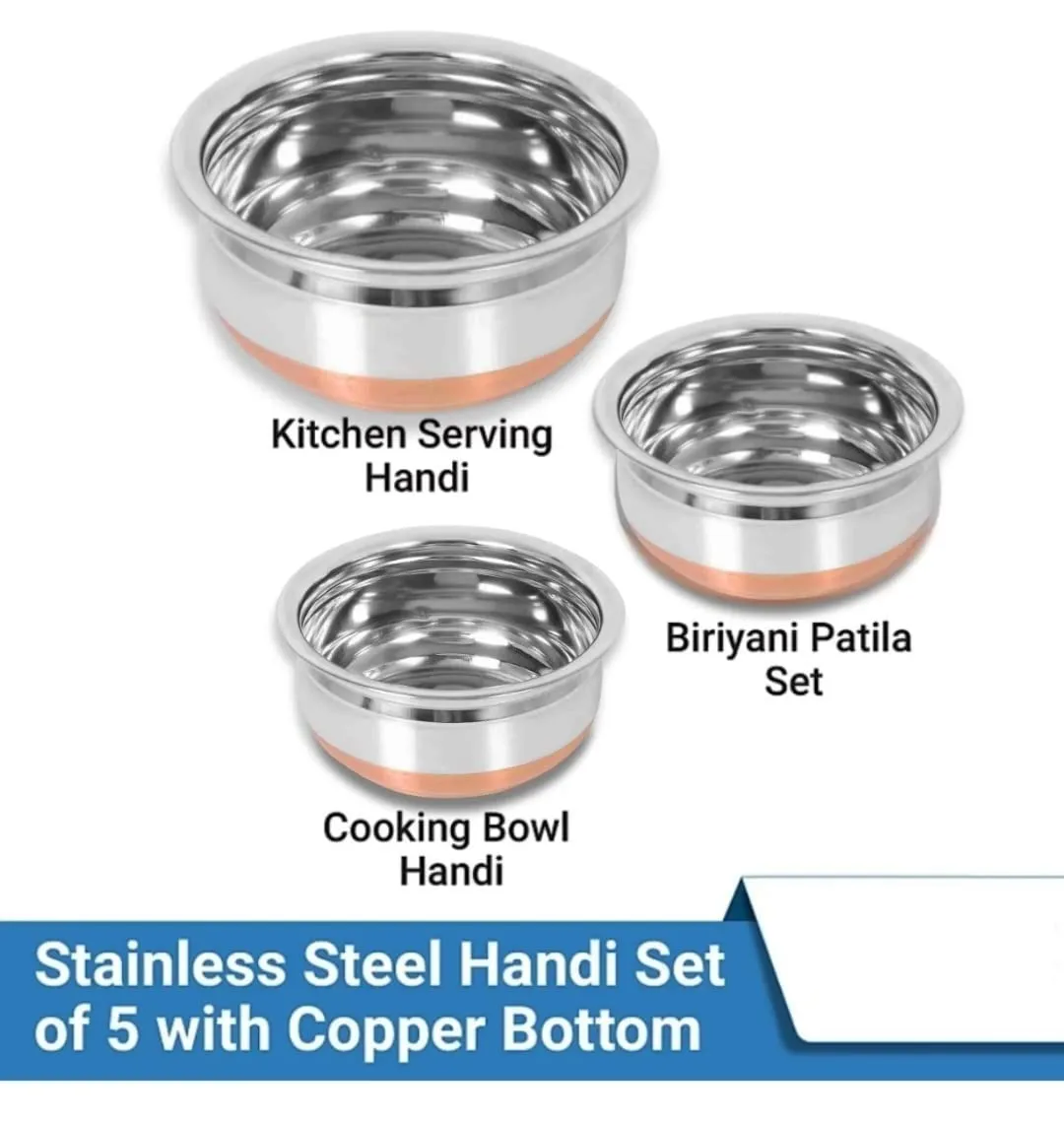 Nirvika Stainless Steel Handi with Lid Kitchen Serving, Cooking Bowl | Steel Handi Set | Cookware Set | Handi Set 5-Pieces|Biryani 0.500 L, 0.750 L, 1.000 L, 1.500 L, 1.200 L