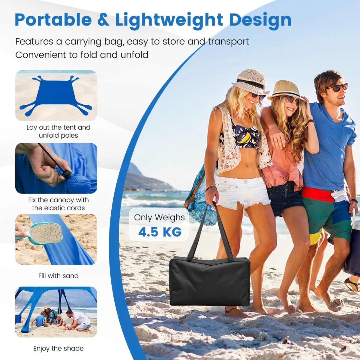 NNECW 3M x 3M Beach Sunshade Canopy with 8 Sandbags 3 Shovels for Beach Patio