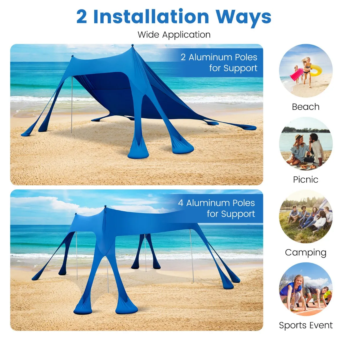 NNECW 3M x 3M Beach Sunshade Canopy with 8 Sandbags 3 Shovels for Beach Patio