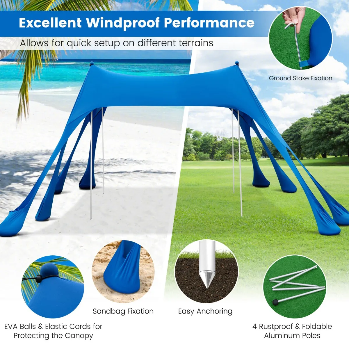 NNECW 3M x 3M Beach Sunshade Canopy with 8 Sandbags 3 Shovels for Beach Patio