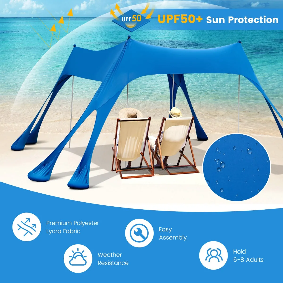 NNECW 3M x 3M Beach Sunshade Canopy with 8 Sandbags 3 Shovels for Beach Patio