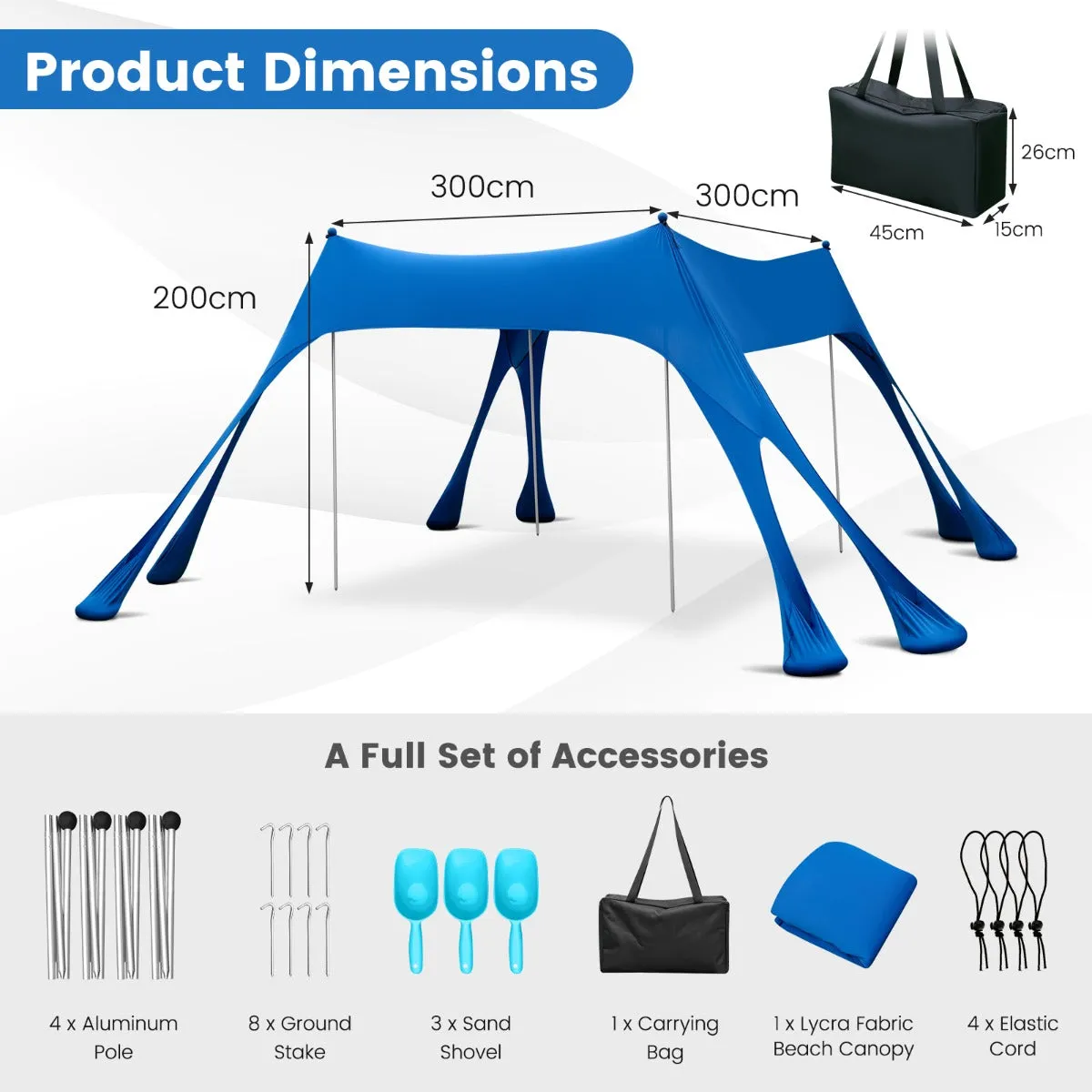 NNECW 3M x 3M Beach Sunshade Canopy with 8 Sandbags 3 Shovels for Beach Patio