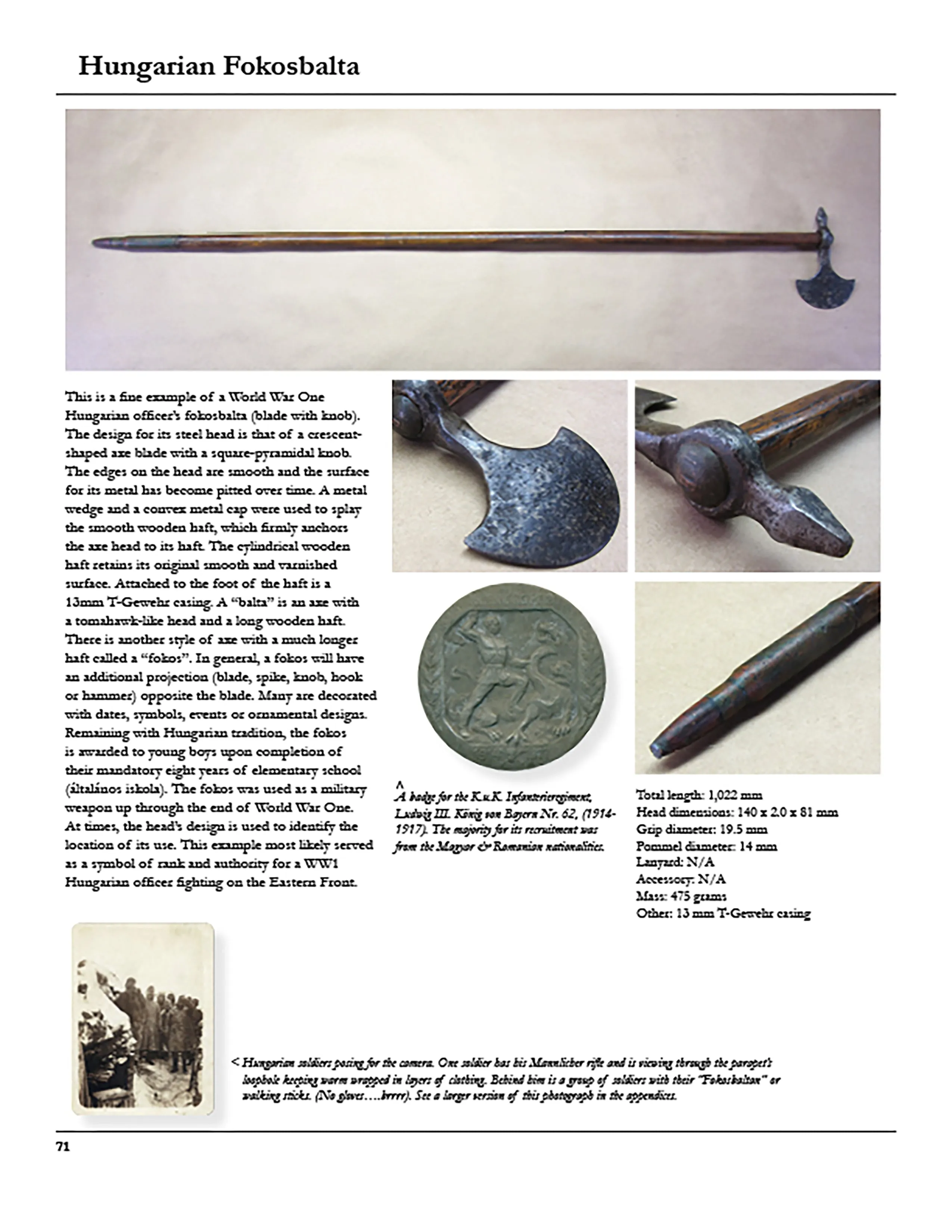 Original Hungarian WWI Fokosbalta War Axe - Featured in Book At Arm's Length Volume II Page 71