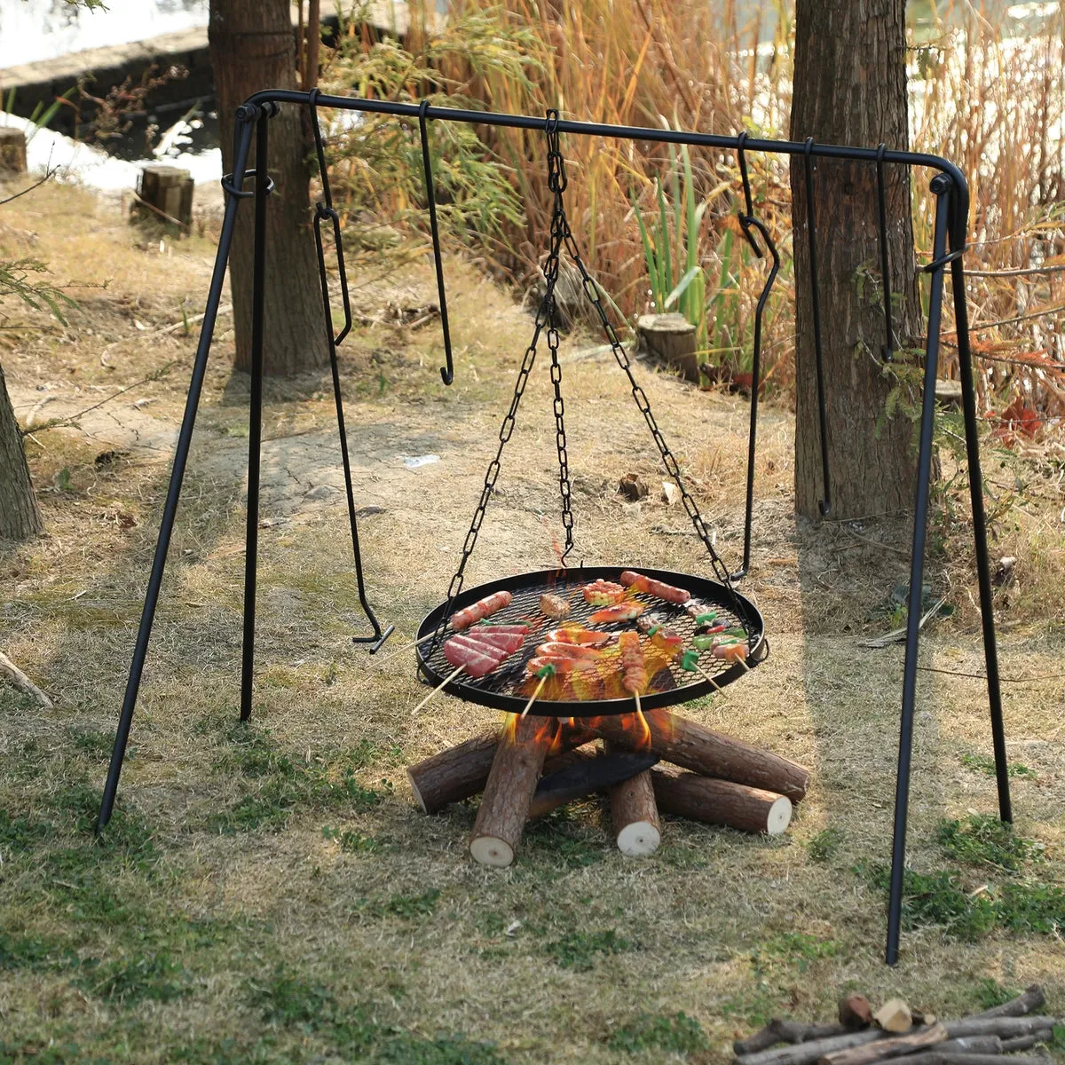 Portable Hanging Campfire Swing Grill Stand with Dutch Oven Lid Lifter & Hooks For Outdoor Cooking