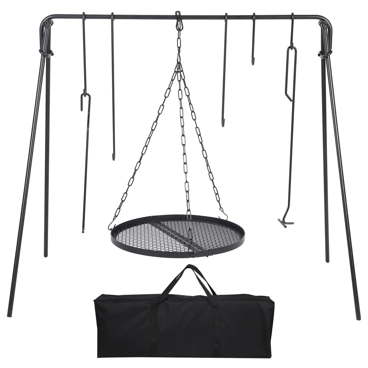 Portable Hanging Campfire Swing Grill Stand with Dutch Oven Lid Lifter & Hooks For Outdoor Cooking