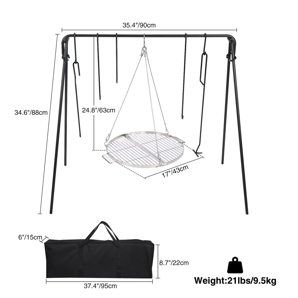 Portable Hanging Campfire Swing Grill Stand with Dutch Oven Lid Lifter & Hooks For Outdoor Cooking