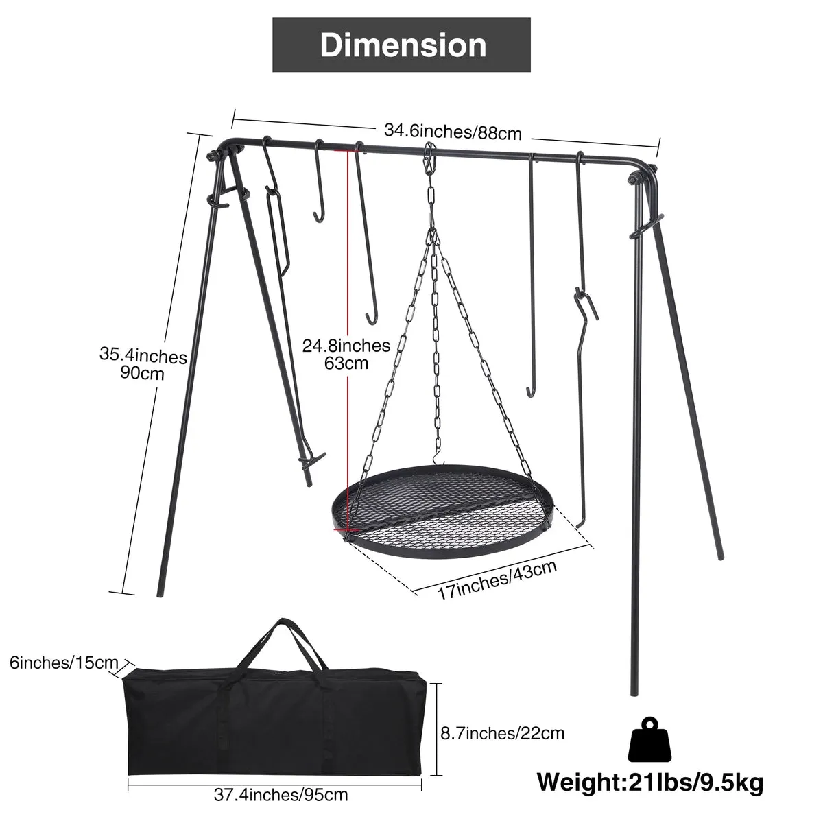 Portable Hanging Campfire Swing Grill Stand with Dutch Oven Lid Lifter & Hooks For Outdoor Cooking