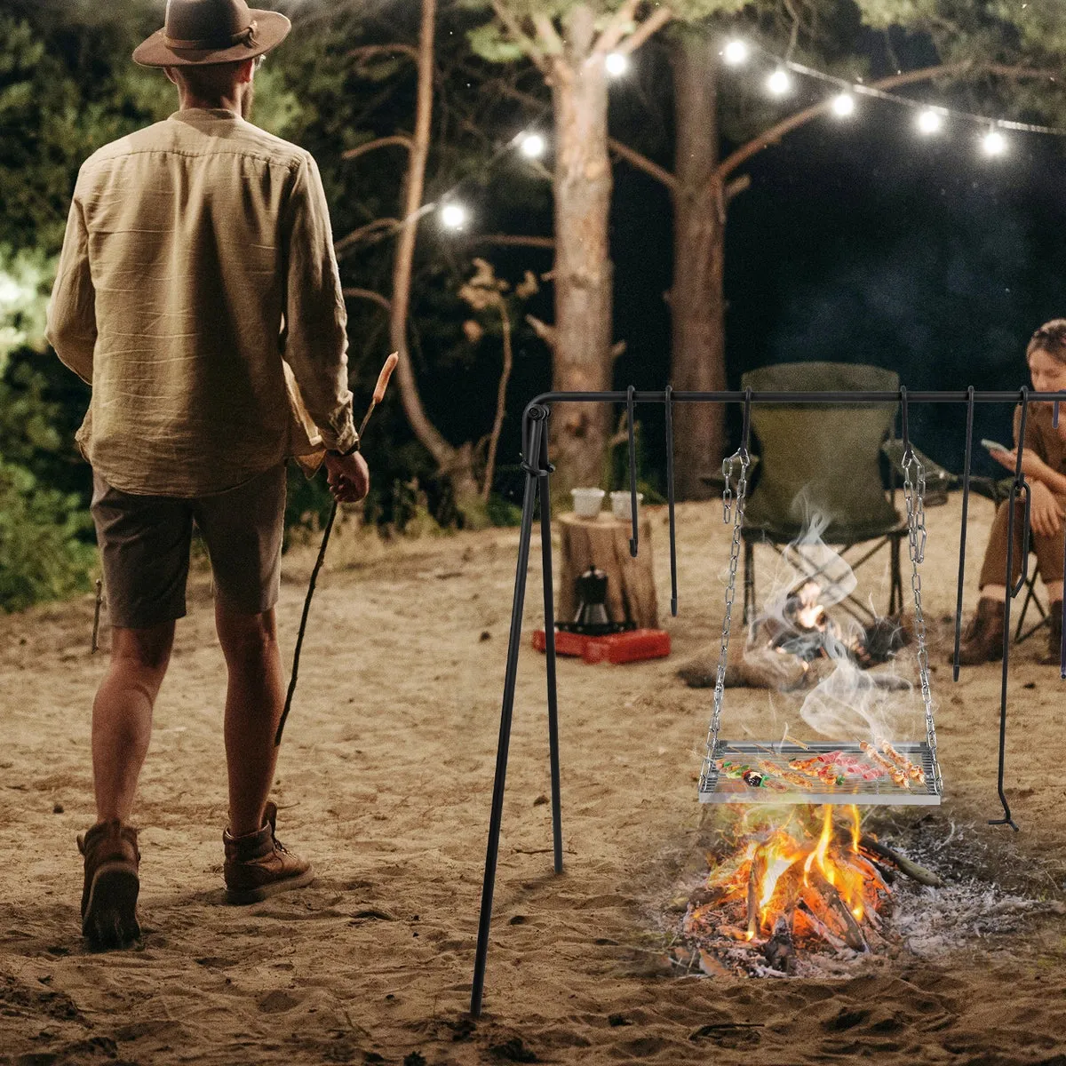 Portable Hanging Campfire Swing Grill Stand with Dutch Oven Lid Lifter & Hooks For Outdoor Cooking