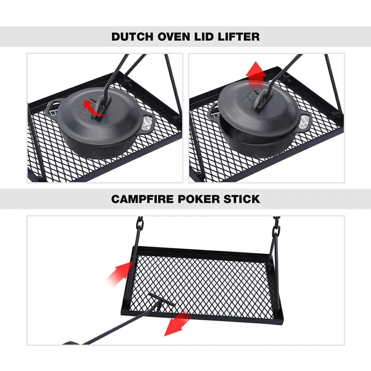 Portable Hanging Campfire Swing Grill Stand with Dutch Oven Lid Lifter & Hooks For Outdoor Cooking