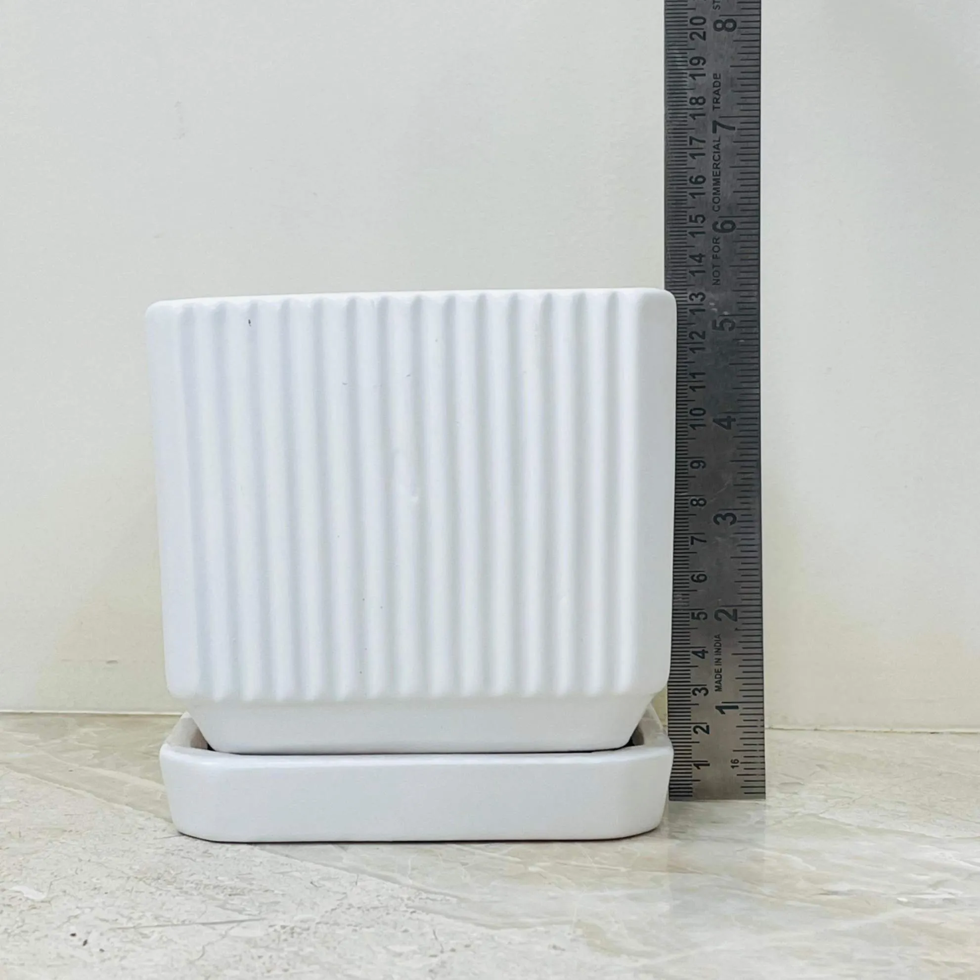 Rectangular White Ribbed Ceramic Planter with Tray – Modern Minimalist Indoor Pot