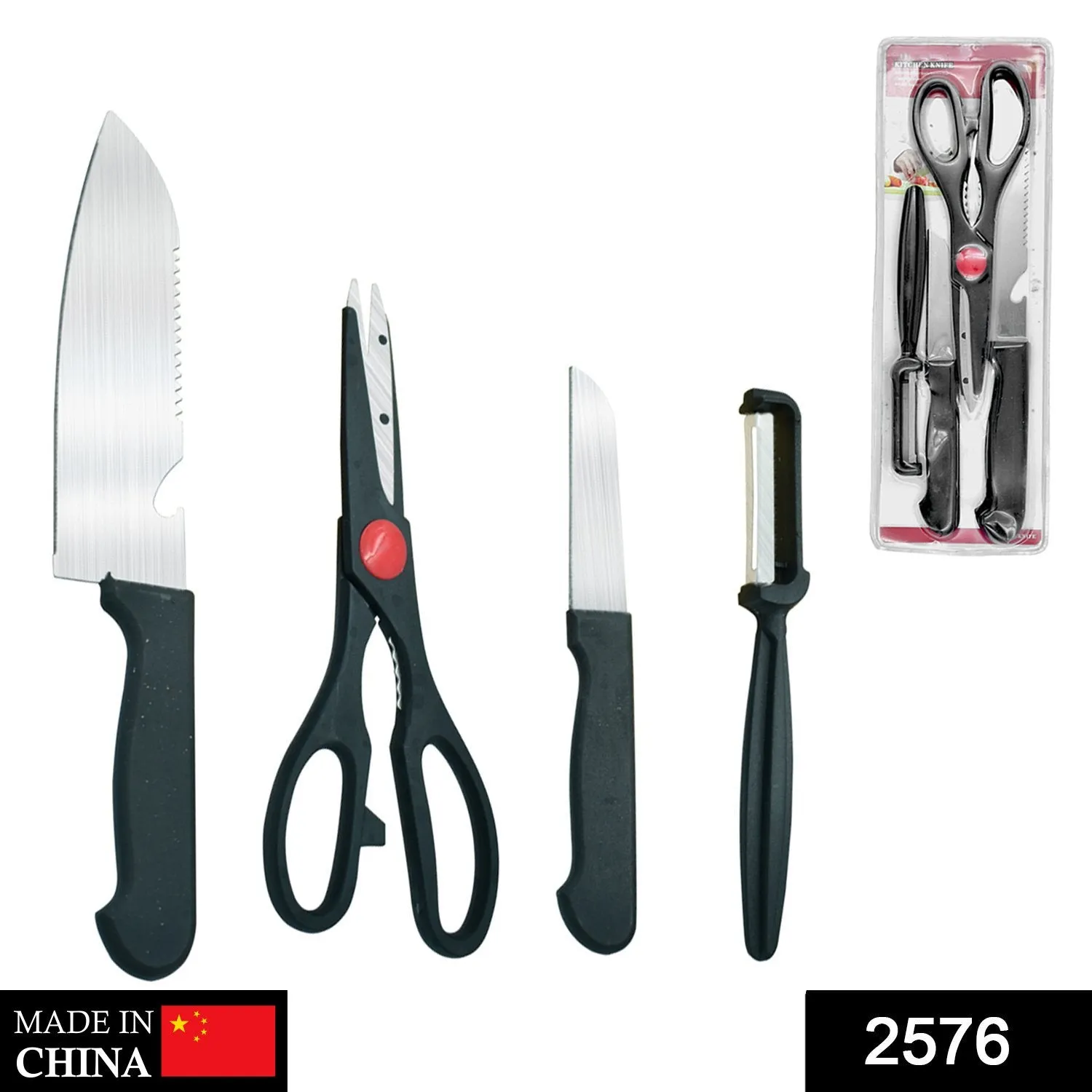 Stainless Kitchen Tool Set (Butcher Knife, Standard Knife, Peeler and Kitchen Scissor) - 4 Pcs