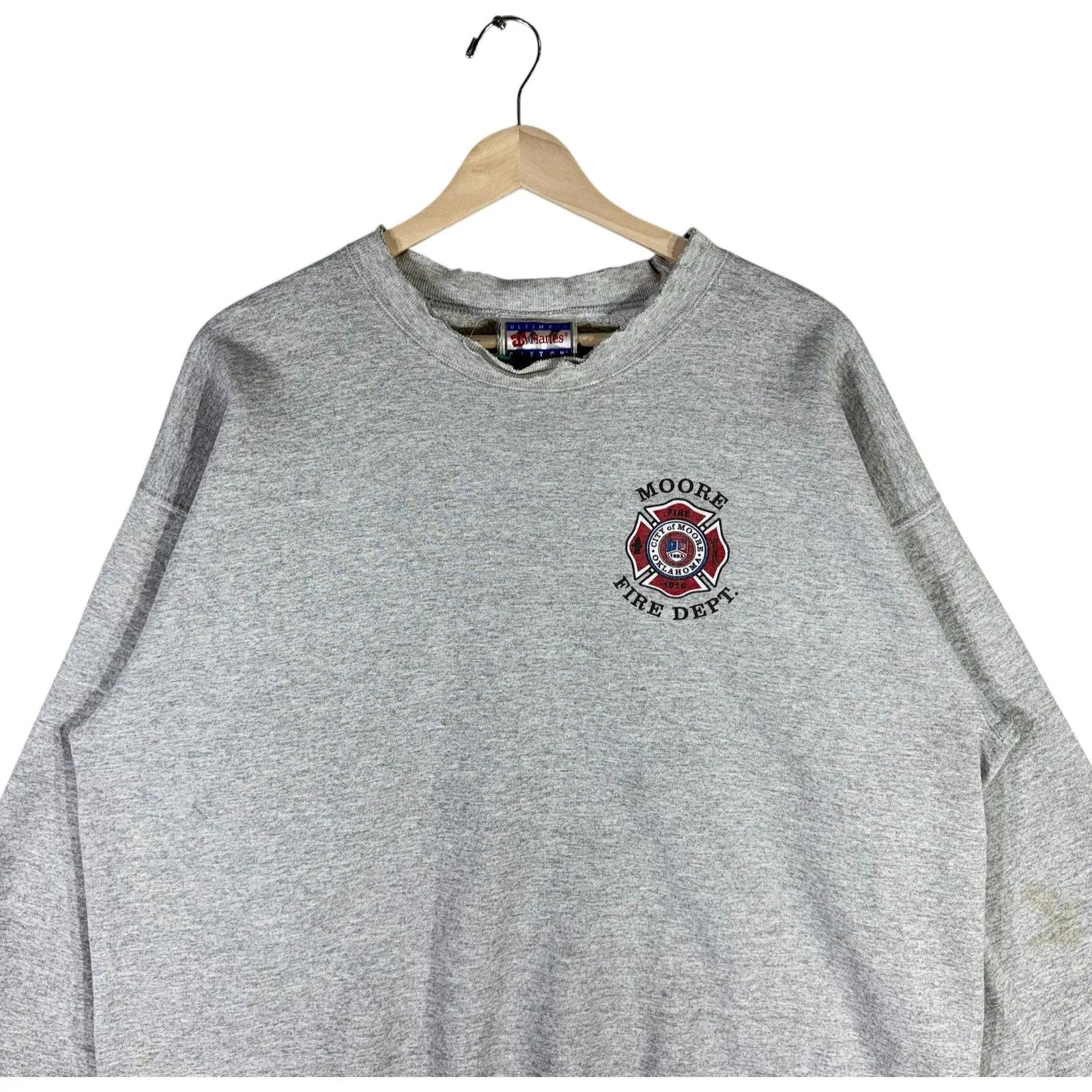 Vintage Moore Fire Rescue Spellout Logo Pullover Crewneck