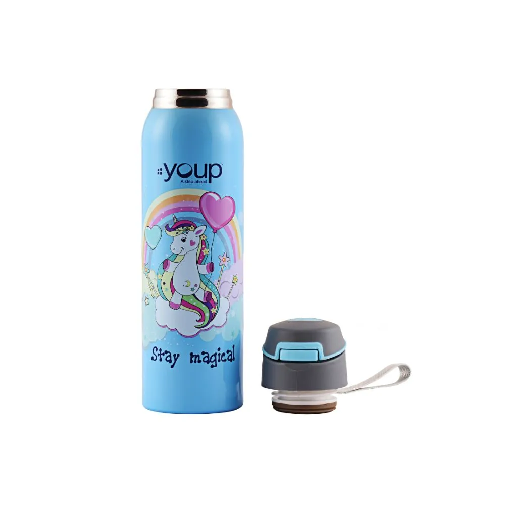 Youp Stainless Steel Insulated Sky Blue Color Unicorn Kids Sipper Bottle Gypsy - 500 ml